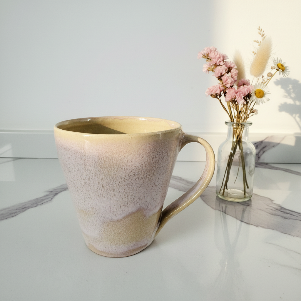 Mug on marble with flowers