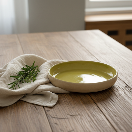 Olive plate on rustic dining table